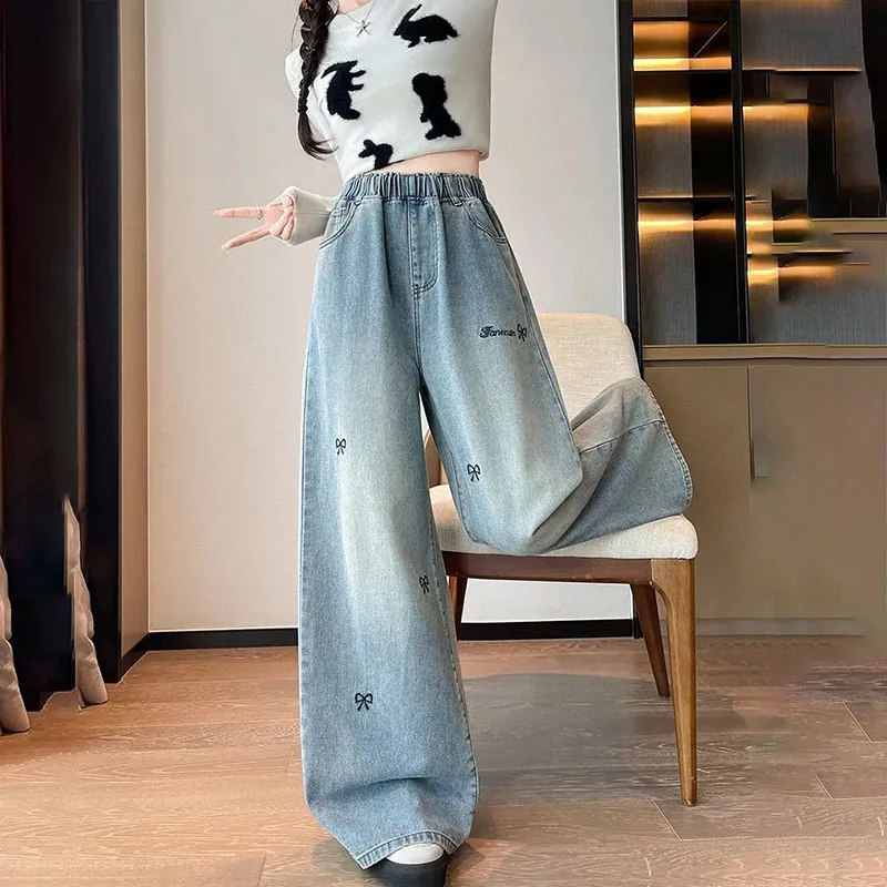 Plus size cintura alta reta perna larga jeans cintura elástica outono inverno calças jeans para mulher m/6xl até 100kg