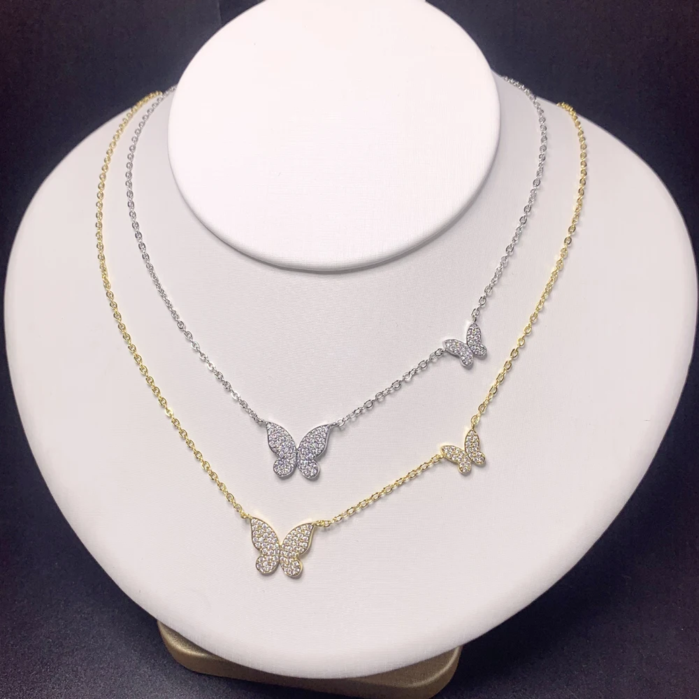 2025 Summer Fashion New Gold Color Micro Pave Clear Cubic Zirconia CZ Cute Lovely 2PC Butterfly Charm Women Trendy Necklace