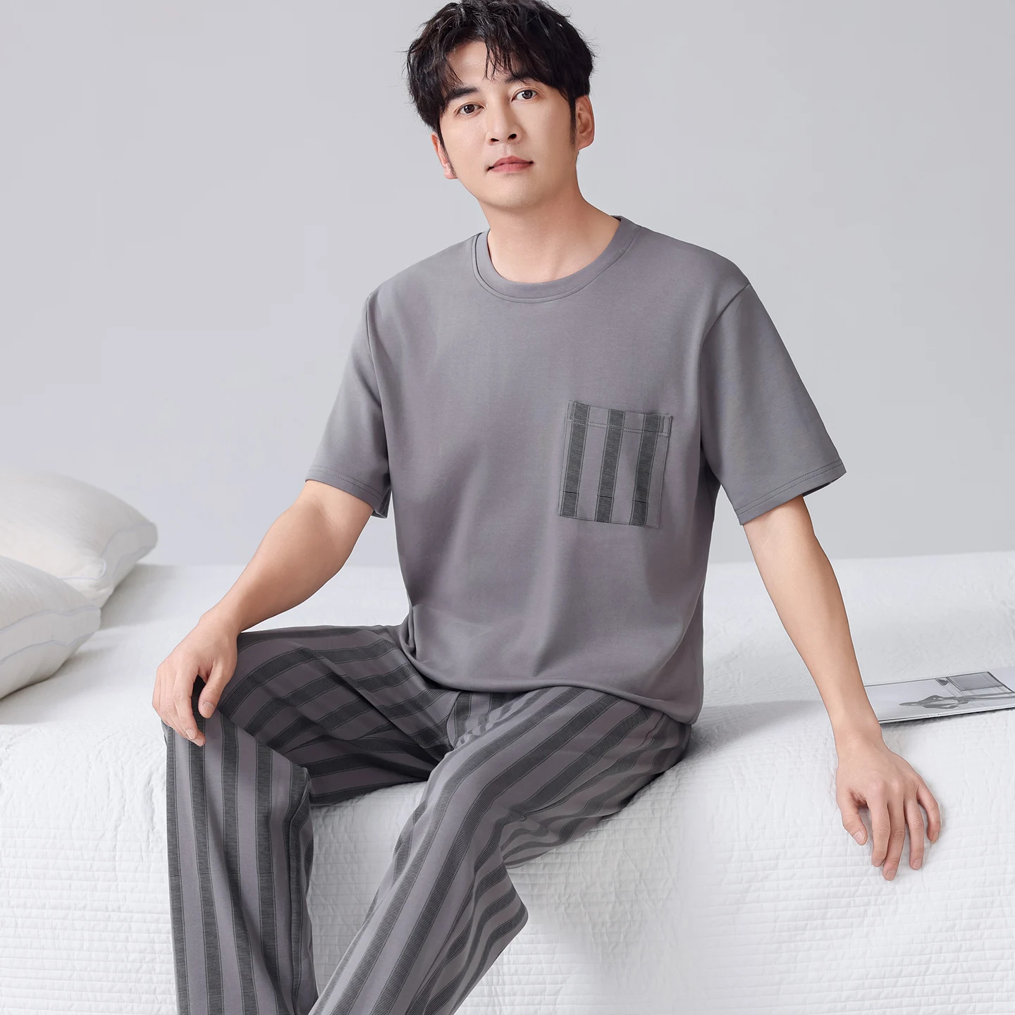 

Pyjamas Male Striped Full Pure Cotton Fashion Men Short Sleeve Long Pants Pajamas Set 2 Piece/set Spring Summer Home Lounge Gift