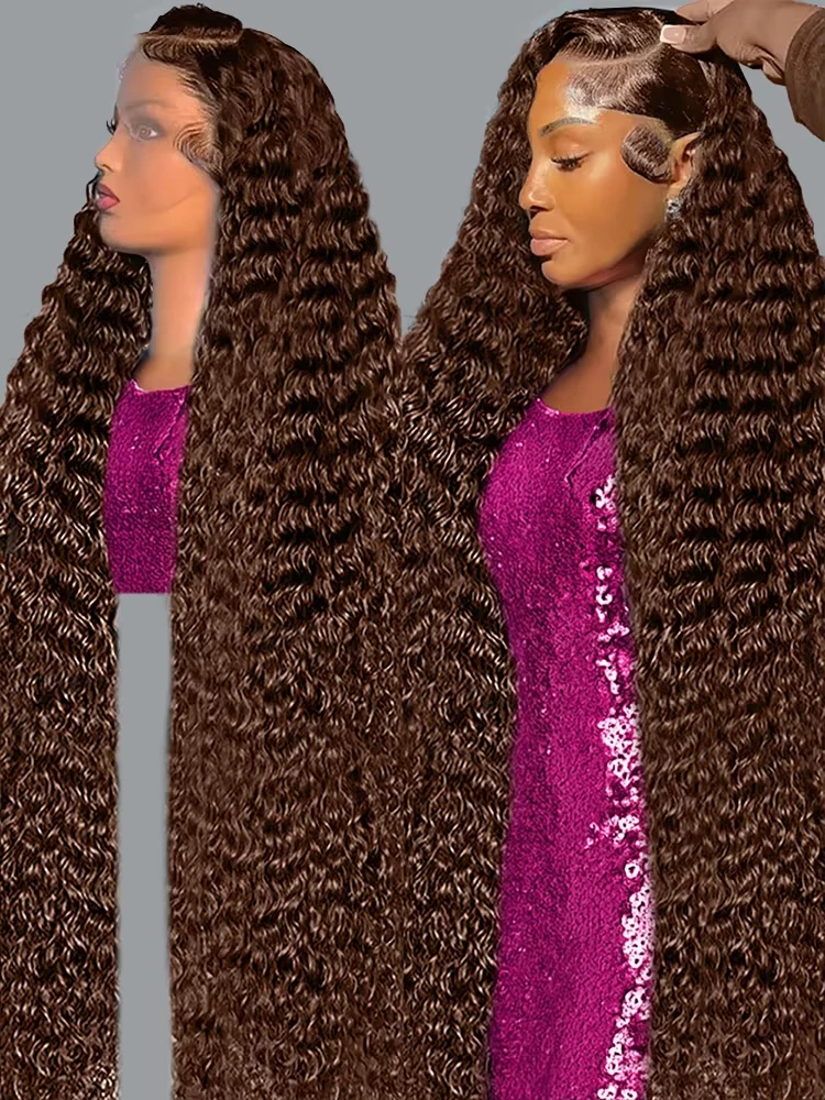 

30 Inch Lace Front Human Hair Wig Deep Curly Human Hair Chocolate Brown13x6 HD Lace Frontal Wig Colored Water Wave Wig For Women