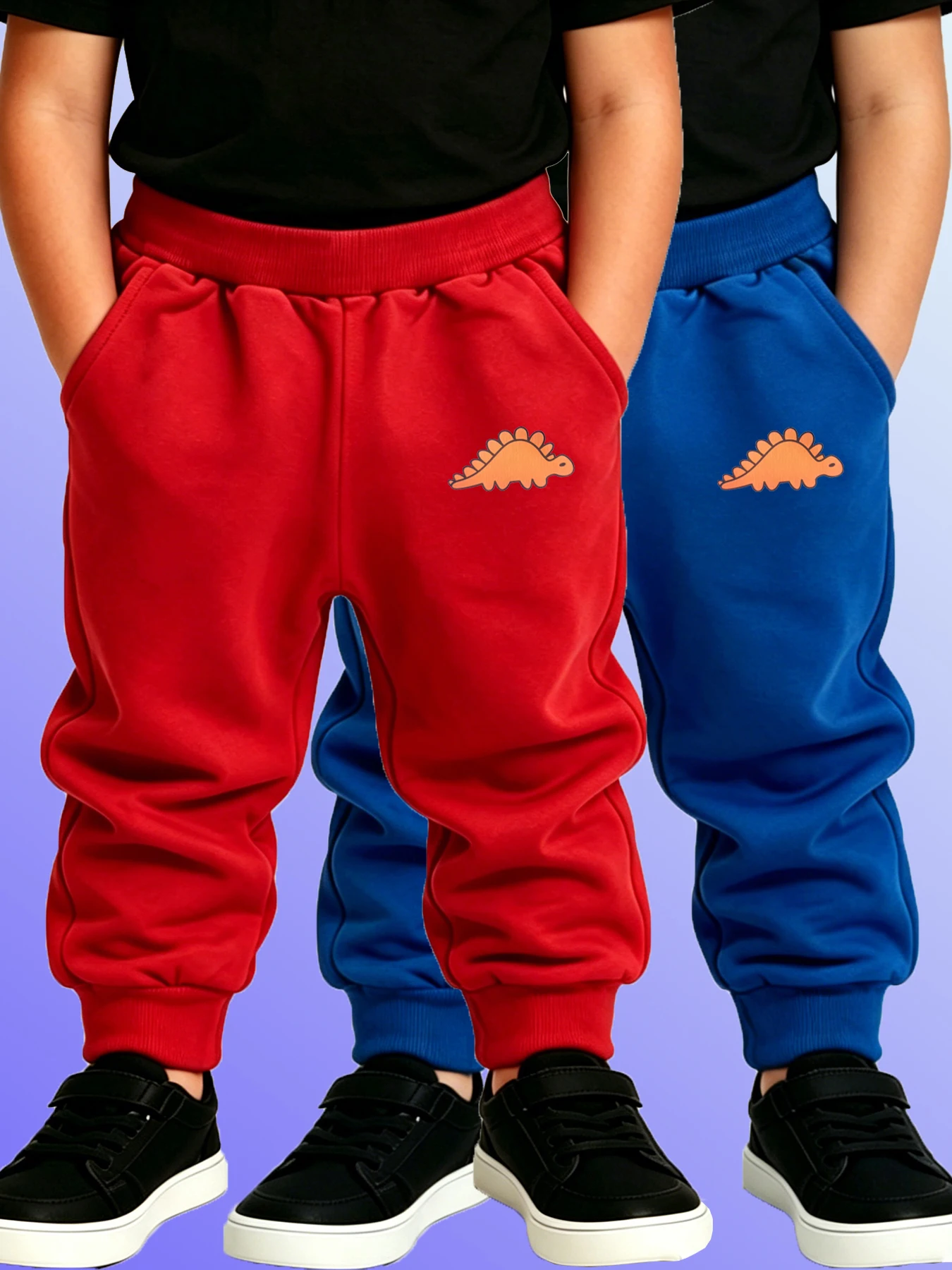 2PCS Red & Blue Children's Pants Boys & Girls Dinosaur Printed Soft Jogger Sweatpants Elastic Waistband Casual Sport Trousers