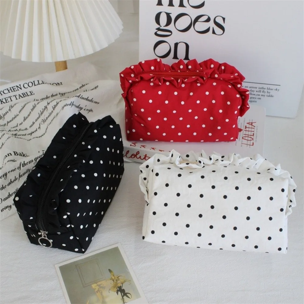 Vintage Polka Dot Cosmetic Bag Ruffle Edge Decor Portable Makeup Pouch Minimalist Design Multi-use Skincare Organizer For Women