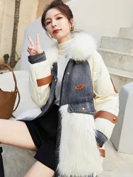 TXii Winter Stitching Fur Jacket Women Imitation Fox Feather Down Jacket Denim Down coat Short Pie to Overcome Winter 2023