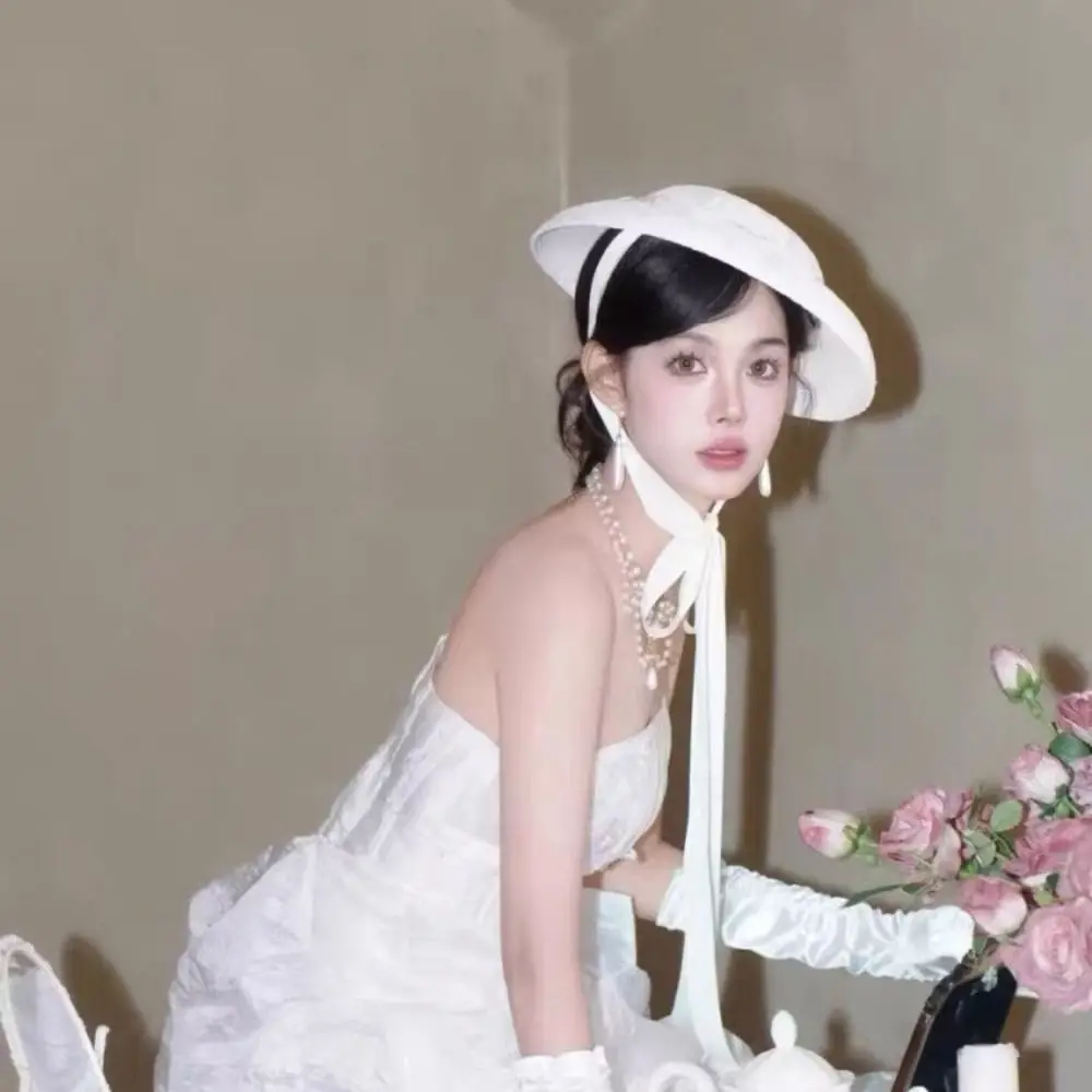 

Retro White Lace Tied Topper Hat Thin French Style Lace Bonnet Hat Sunscreen Elegant Teaparty Hat Ladies