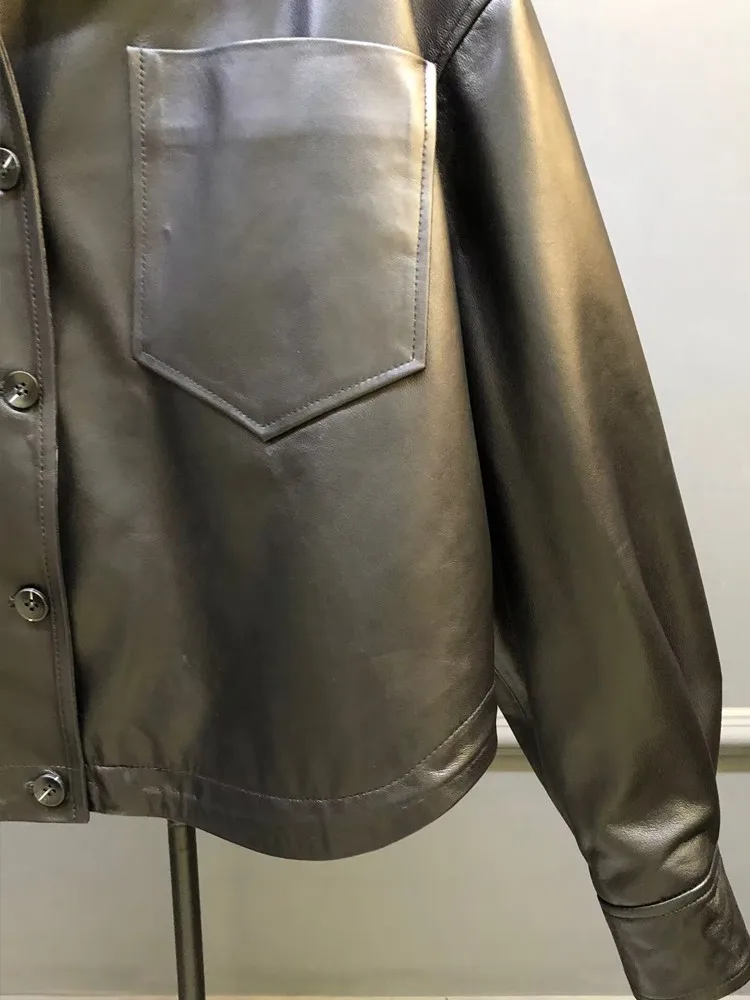 Giacca da donna in vera pelle alla moda Colletto couverture Cappotto casual monopetto da lavoro Lady Capispalla in pelle di pecora naturale vestibilità ampia