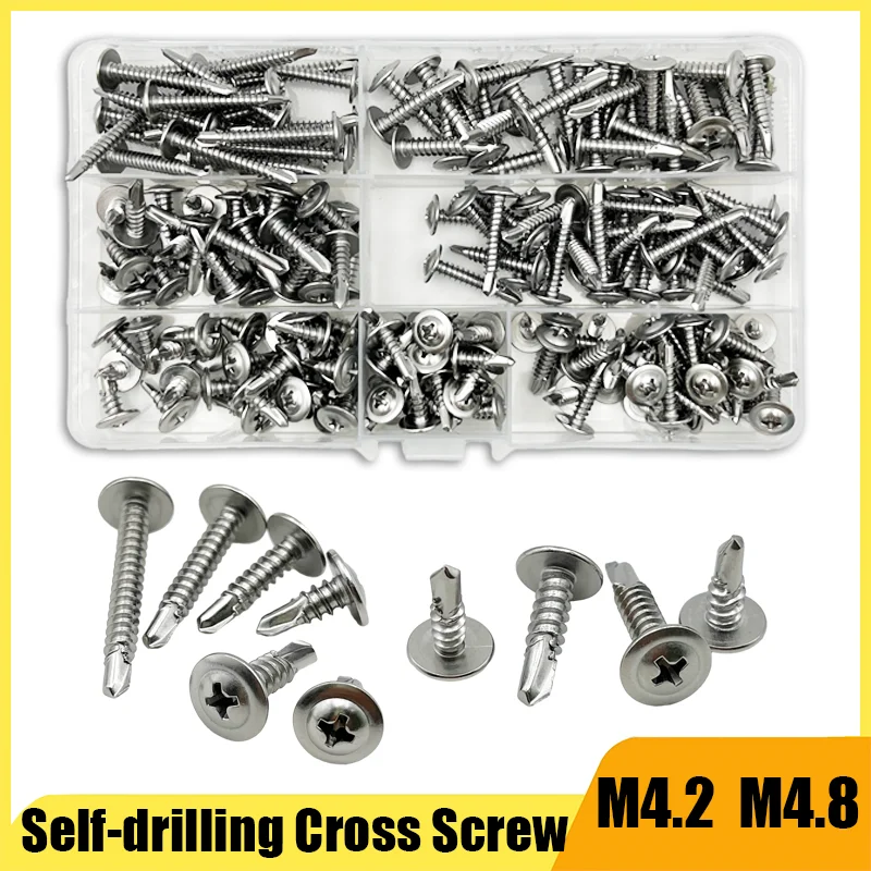 200pcs M4.2 M4.8 Cross Self Drilling Screw Kit Washer Head Self Drilling Tapping Screw 410 Stainless Steel Hardiflex Screw Set