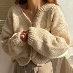 Women's Solid Color Spring and Autumn Knitted Sweater Jacket with Loose Korean-style V-neck Cardigan Coat