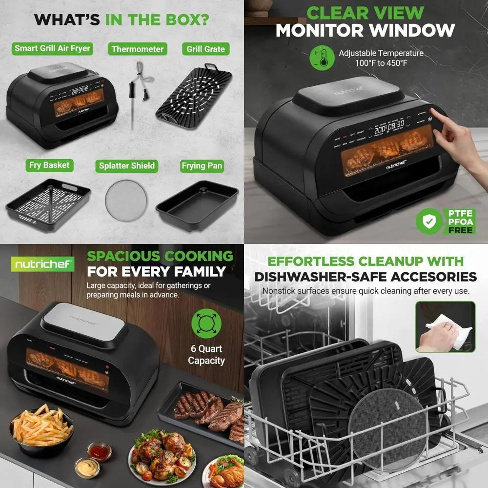 

Умный комнатный гриль и фритюрница 7-в-1 — 6 л, антипригарные пластины, точный контроль температуры, интеллектуальный термометр