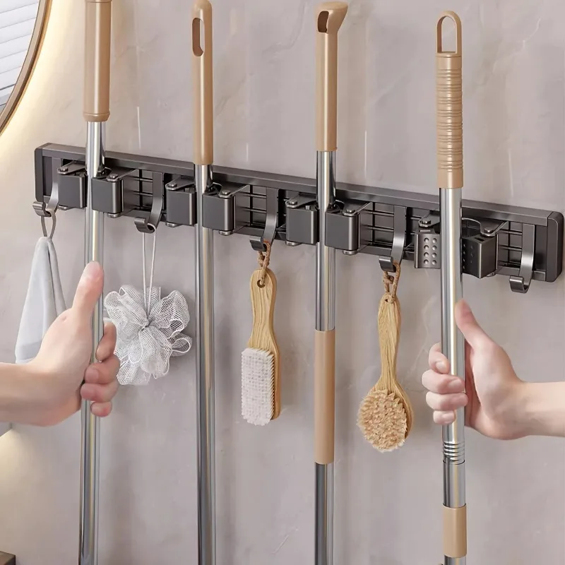 Organizador de fregonas y escobas, soporte de pared resistente para fregonas y escobas con ganchos, organizador para colgar escobas