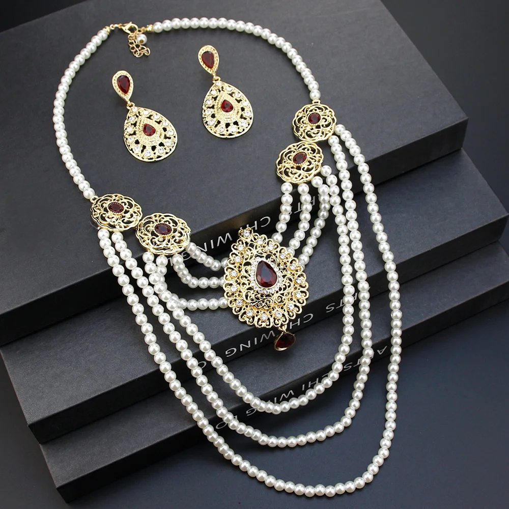 Sunspicems Morocco Bride Wedding Jewelry Algeria Women Pearl Beaded Necklace Multilayer Chain Crystal Drop Earring Caftan Bijoux