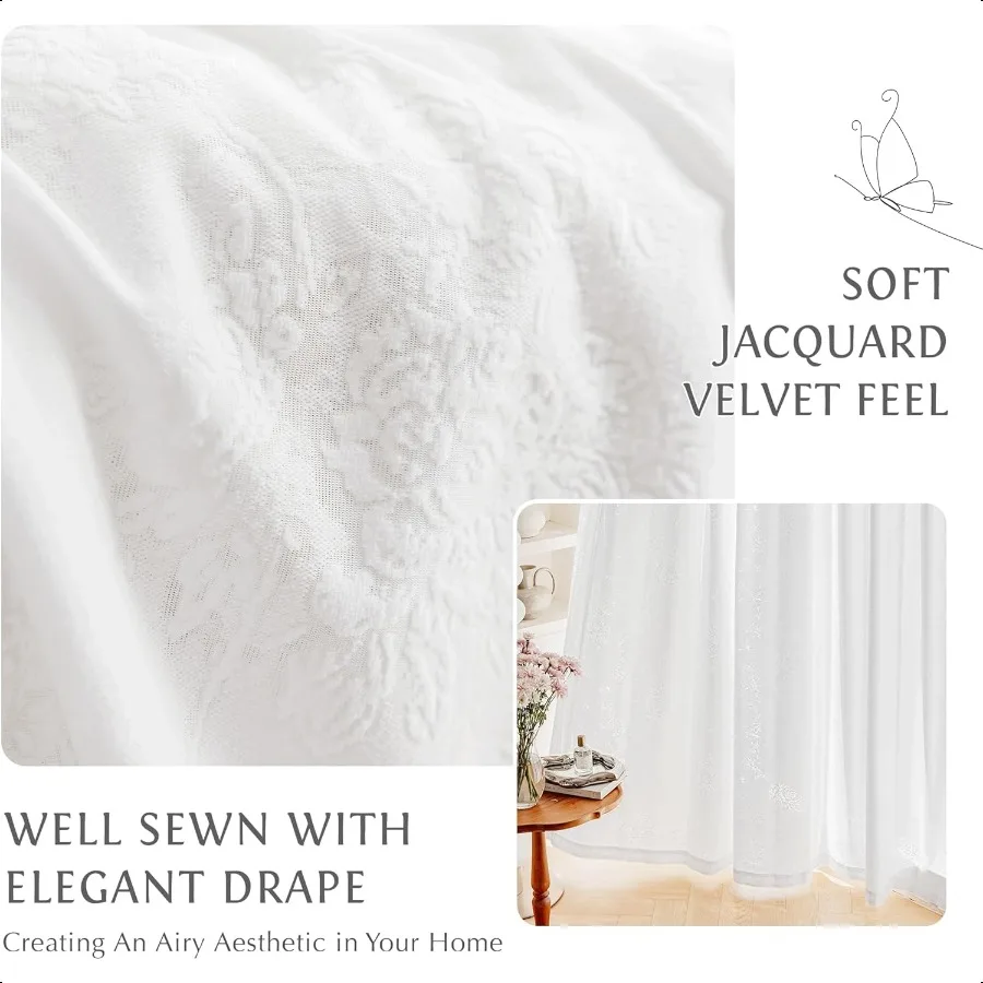 White Floral Jacquard Sheer Curtains 84 Inches Long 2 Panels for Living Room Bedroom Semi Lace Flower Privacy Light Filtering N
