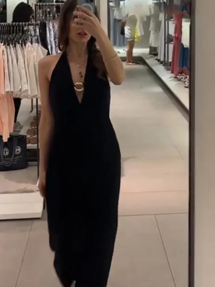 HH 2025 Abito longuette da donna con orlo diviso e cerniera posteriore senza schienale Abito estivo da donna senza maniche con design aperto e scollo all'americana