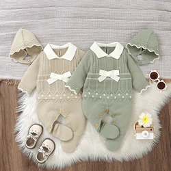 Neugeborenen Baby Strampler Hut Sets Stricken Kleinkind Kleidung 2PC Overalls 0-9M Overall Warme Herbst Infant junge Overall Langarm Nette Schleife