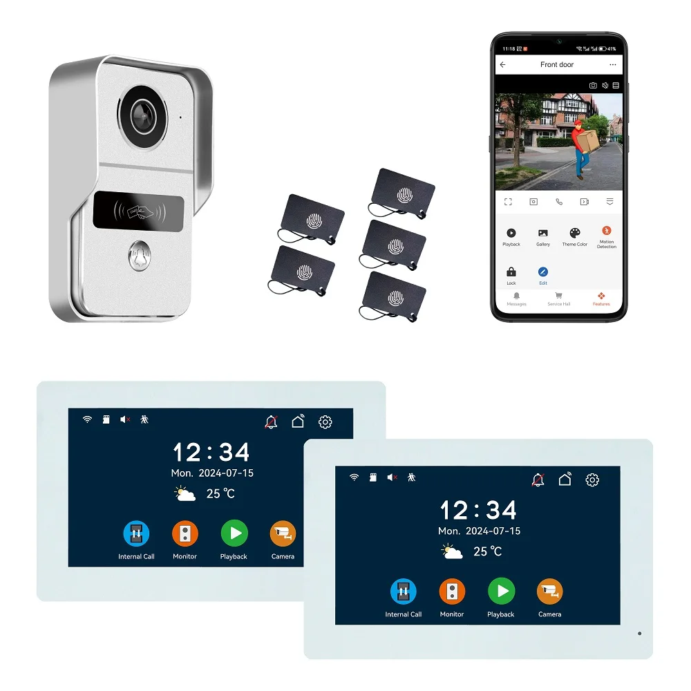 1セット2線式インターホン ドアベル 7/10インチIPSタッチパネル ワイヤレス2.4G WiFi Tuya Smart Lifeアプリ プッシュメッセージ 2MPビデオドアホン