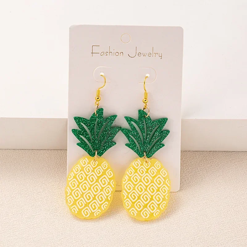 Cute Acrylic Pineapple Drop Earrings Yellow Curved Ripple Fruit Pineapple Dangle Earrings for Women Summer Vacation Jewelry Gift