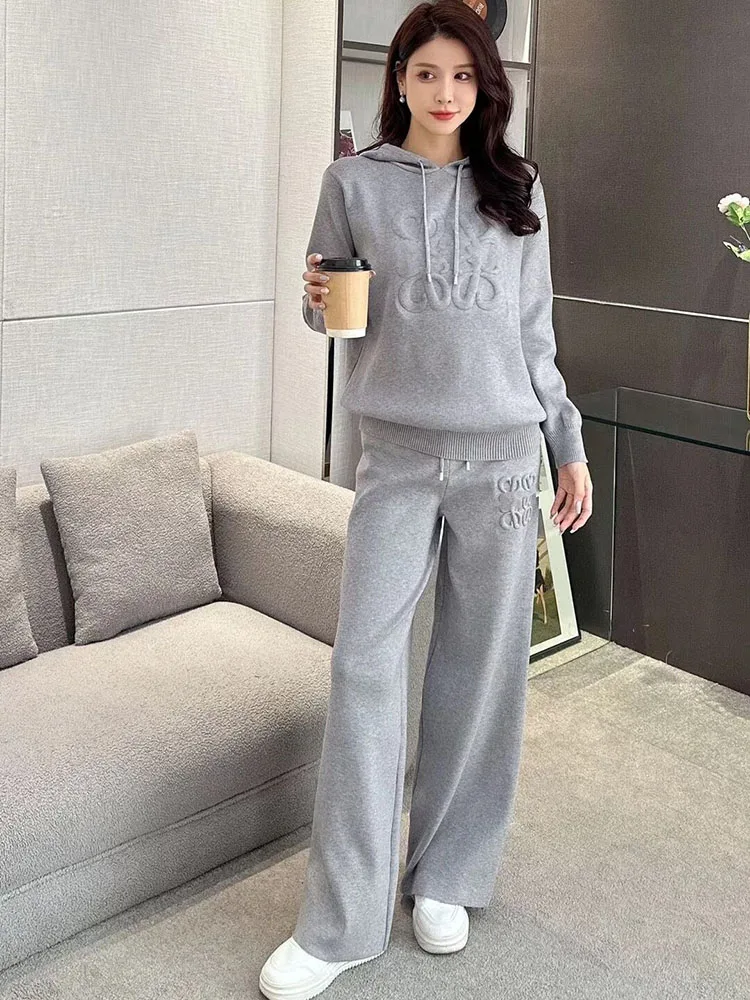 Koreaanse Gebreide Sweatshirts 2-delige Sets Vrouwen Casual Truien Capuchon Trui Tops Ensembles Hoge Taille Rechte Broek Past Nieuw