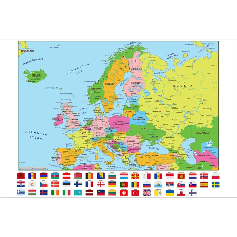 Mapa Europeo - Distribución Política - con Banderas, Póster de Mapa de Pared, para Hogar, Oficina, Aula, Viajes/Suministros Educativos