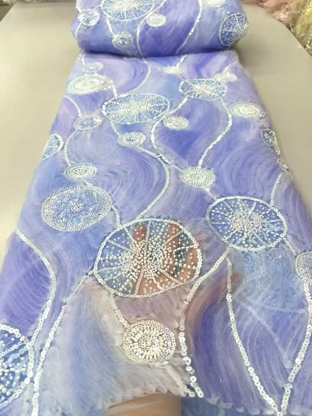 Luxe Afrikaanse Chiffon Kant Stof 2025, Hoge Kwaliteit Kralen Geborduurde Nigeriaanse Netto Kant Stoffen Pailletten voor Vrouwen Feestjurk