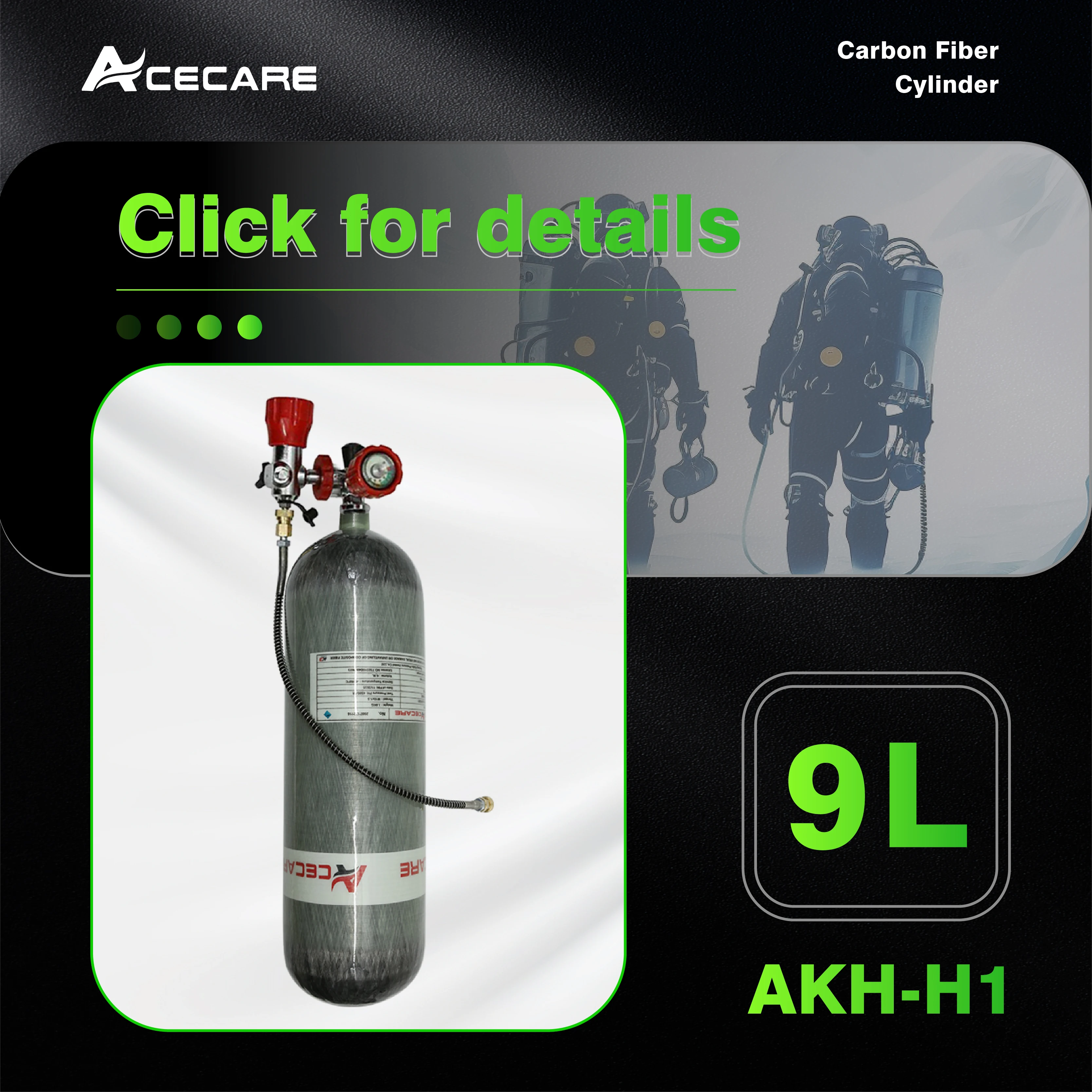 Acecare 9L 4500PSI 30MPA Carbon Fiber Cylinder Diving Tank HPA Bottle for Diving firefighting M18*1.5