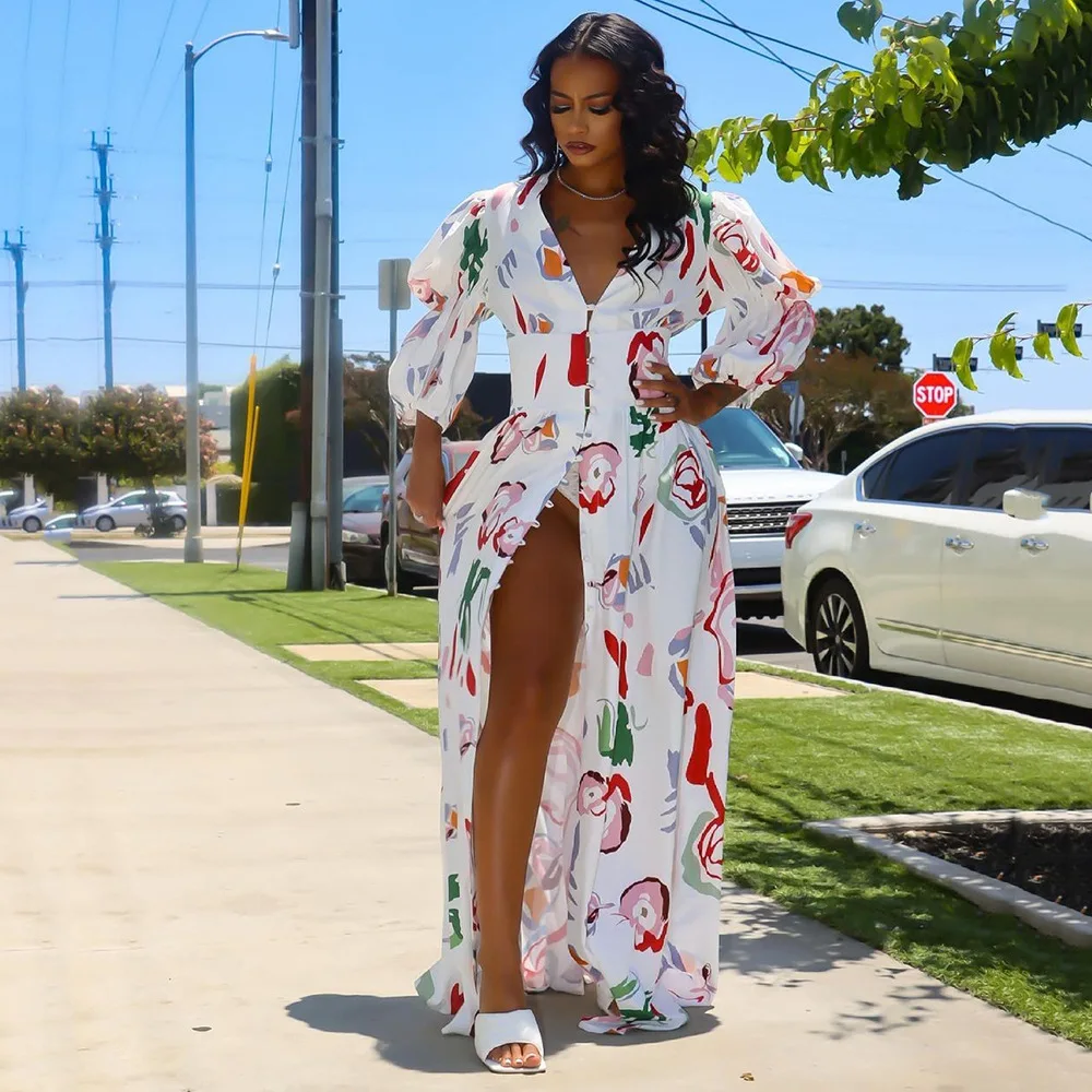 

2025 Spring/Summer New Women's Sexy V-Neck Waist Printed Bubble Sleeve Split Dress Long Skirt