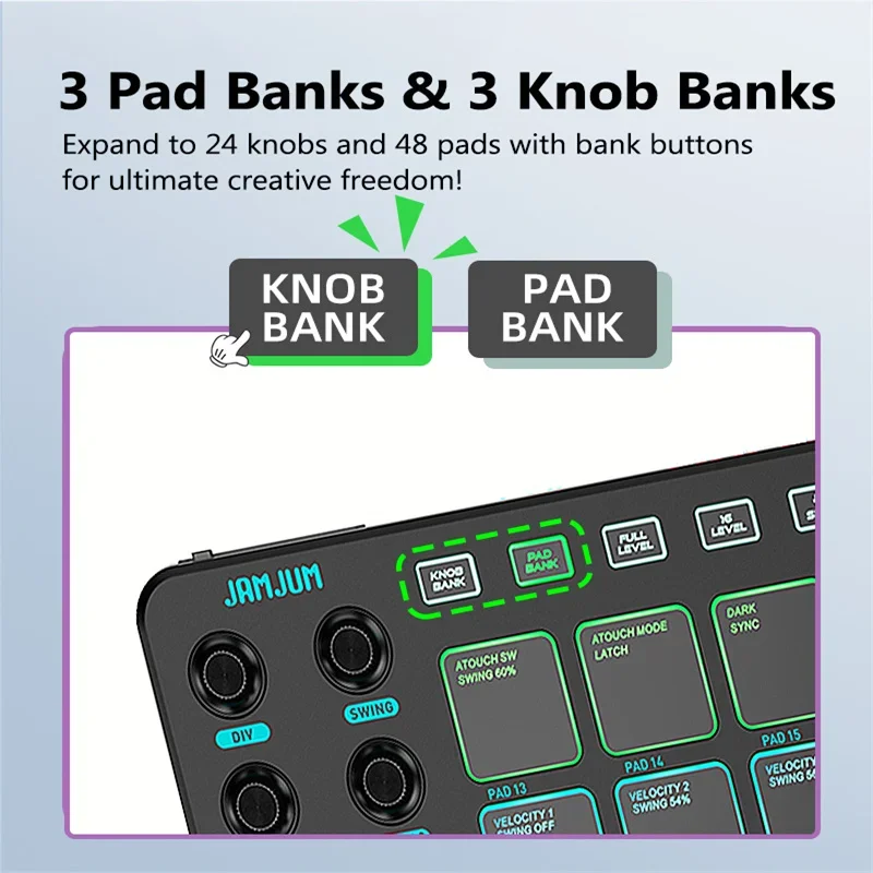 JAMJUM JP-1 Wireless MIDI Controller Pad - 16 RGB Pads, 8 Knobs