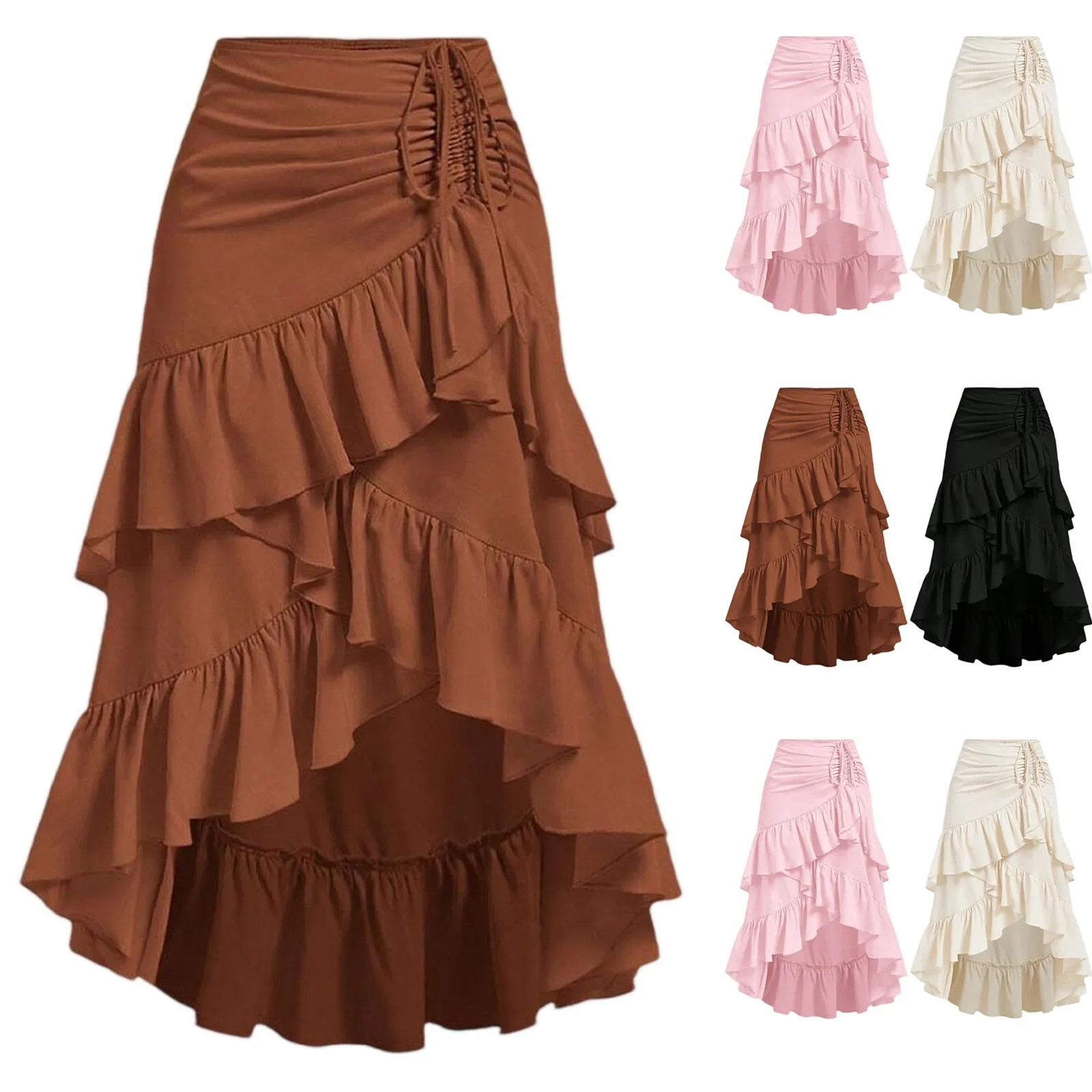 

Elegant Women Irregular Drawstring High Waisted Half Length Skirt Lightweight Casual Tiered Flowy Floral Pleated Long Skirts