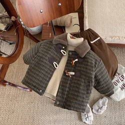 Kid Parkas Coats 2024 Children Horn Buckle Children Tweed Coat Boy Cotton Plaid Coat Baby Warm Autumn and Winter Thick Coat