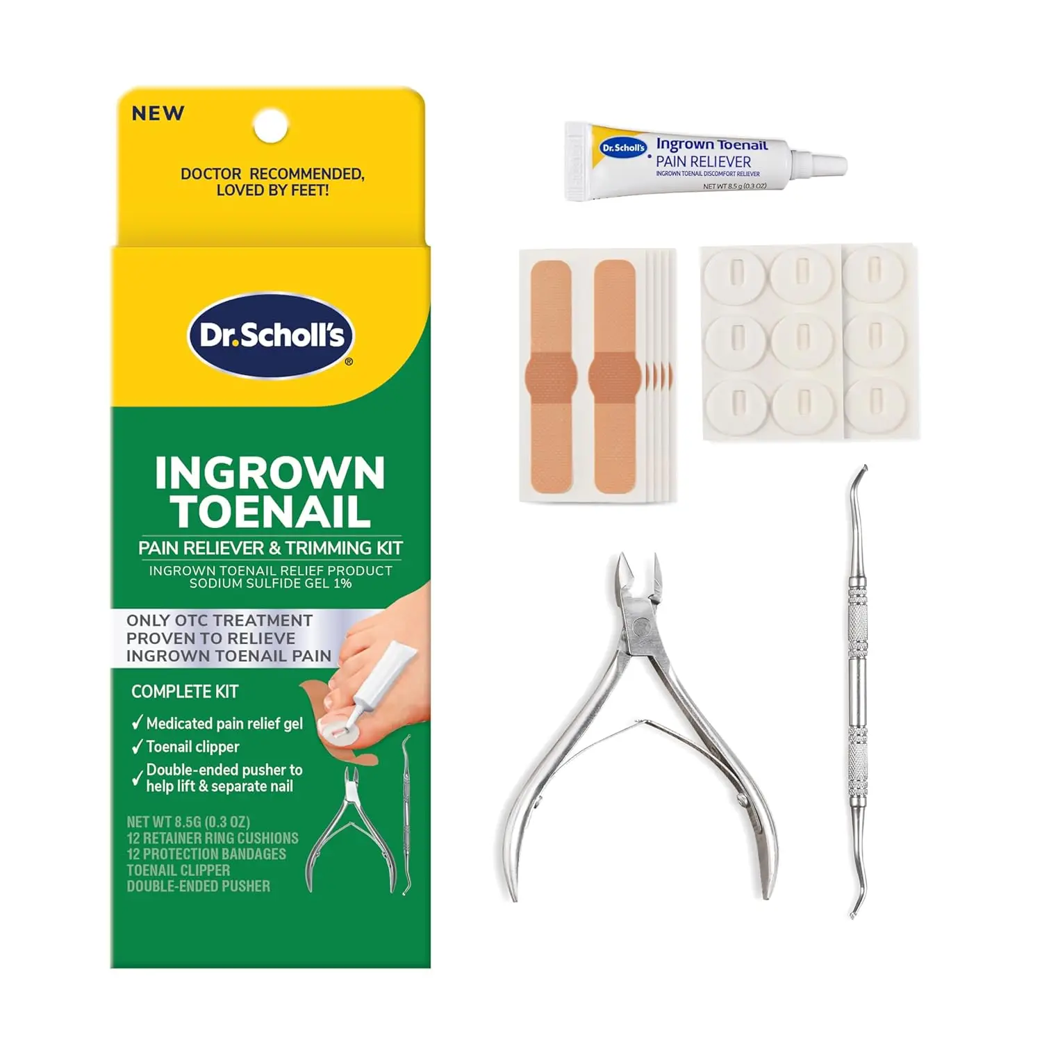 

Ingrown Toenail Pain Reliever & Trimming Kit - Medicated Gel, Foam Rings, Bandages, Clipper & Pusher