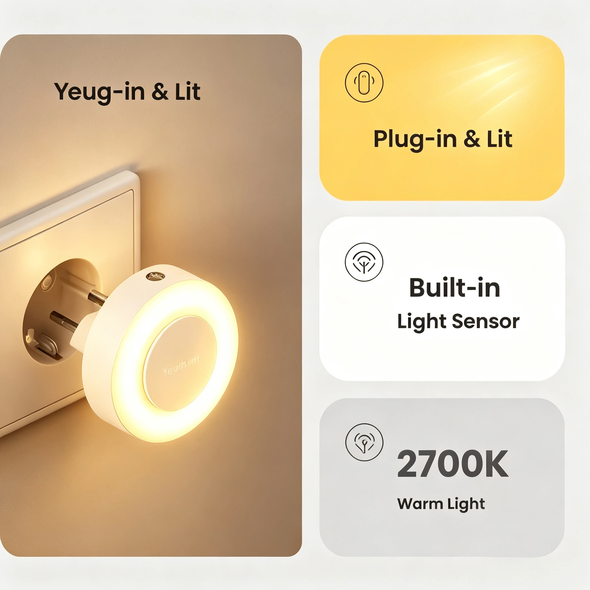 Yeelight Plug-in Light Sensor NightLight Mini Sensor Night Light Warm White 2700K Ultra Energy Efficient 0.25W 110-240V EU Plug