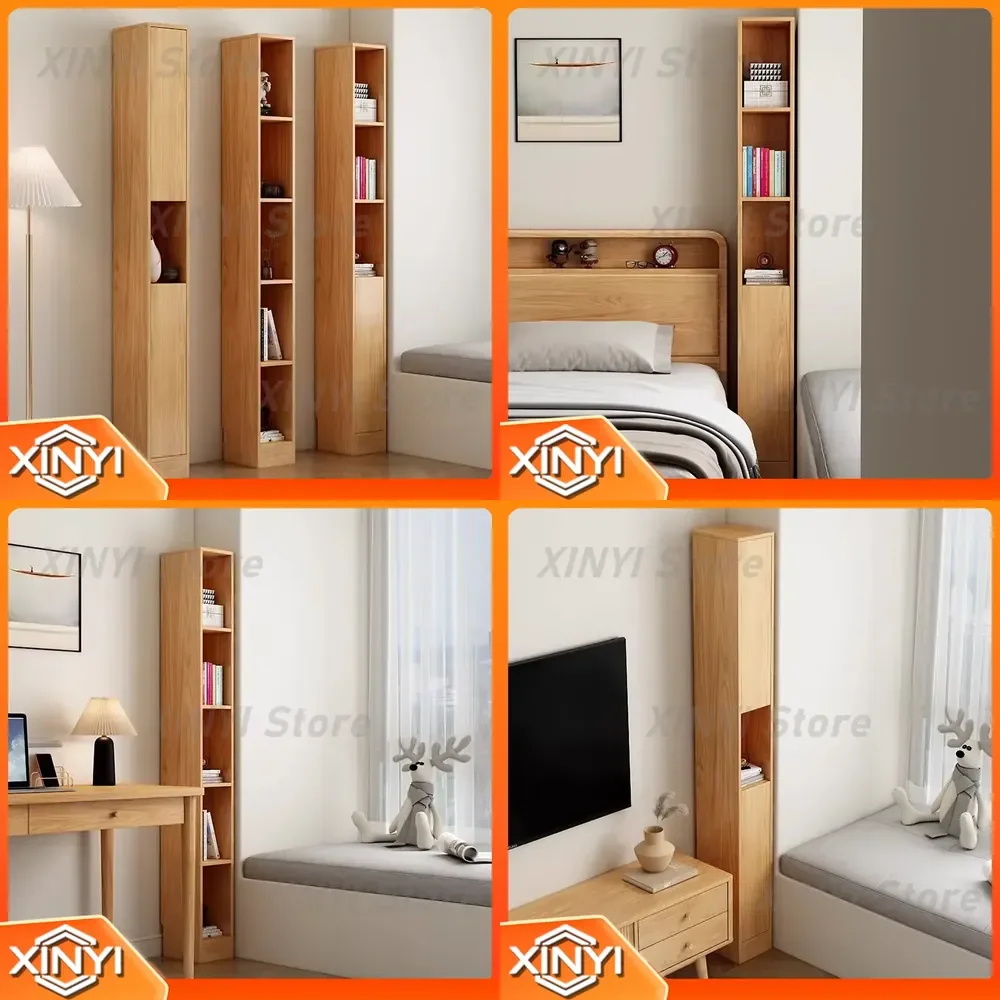 Crack Solid Wood Bookshelf for Living Room Bedroom Home Office Small Narrow Floor Standing Bookcase Wall Corner Shelf Cabinet