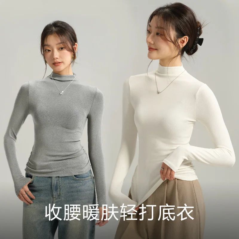 

Autumn Winter Women Long Sleeve Knitting T-shirt High Quality Turtleneck Base Layer Solid Color Slim Waist Long Sleeve T Shirt