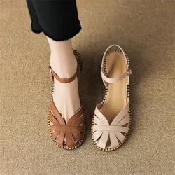 French Vintage Summer Sandals Women Shoe Round Toe Chunky Heel Sandals Shoes for Women Handmade Hollow Out Sandals Zapatos Mujer