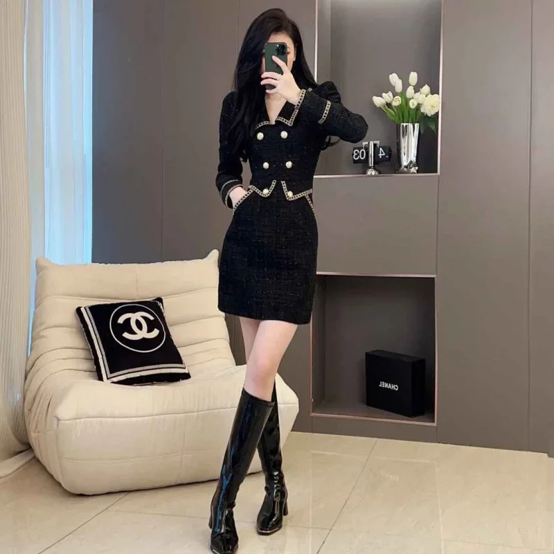 French Tweed Style Black Luxury Niche Design Long Dress Two-Piece Illusion Splicing Dress New Autumn 2024 Fashion