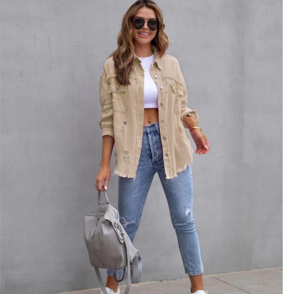 New Torn Denim Jacket Women Shirt Style Pockets Jeancoat Spring Autumn Female Top Casual Holiday Outerwear Lady Student Jacket