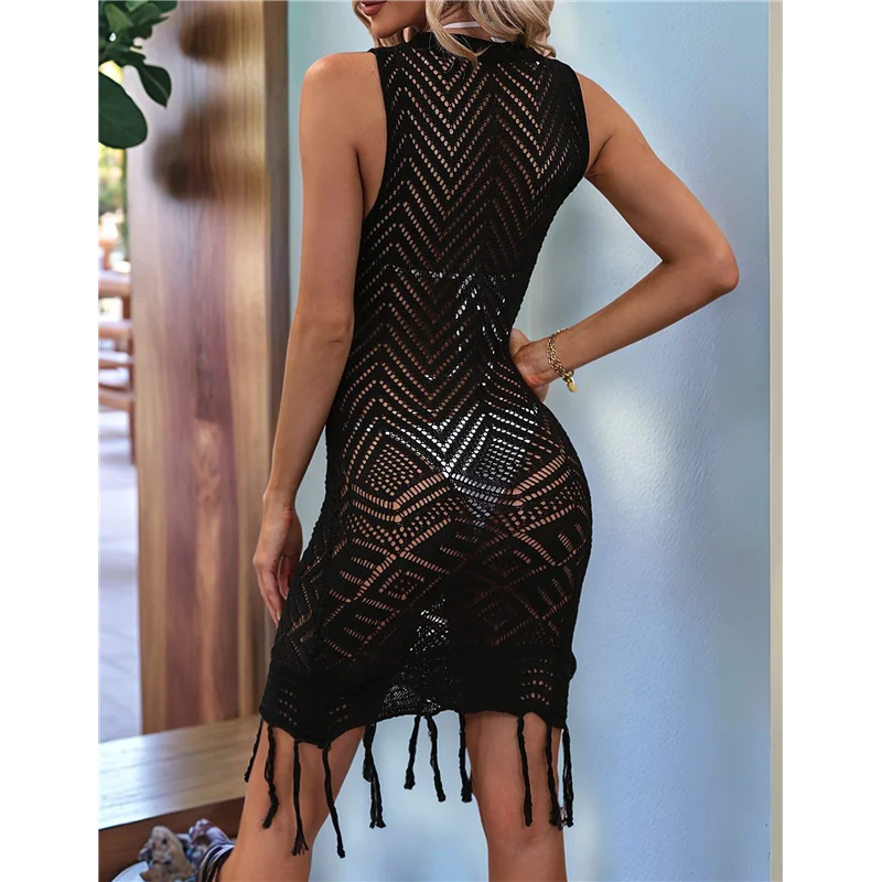 ABRT-여성용 속이 빈 태슬 롱 드레스, 쉬어 메쉬 비치 드레스, 비키니 수영복 커버업 튜닉
