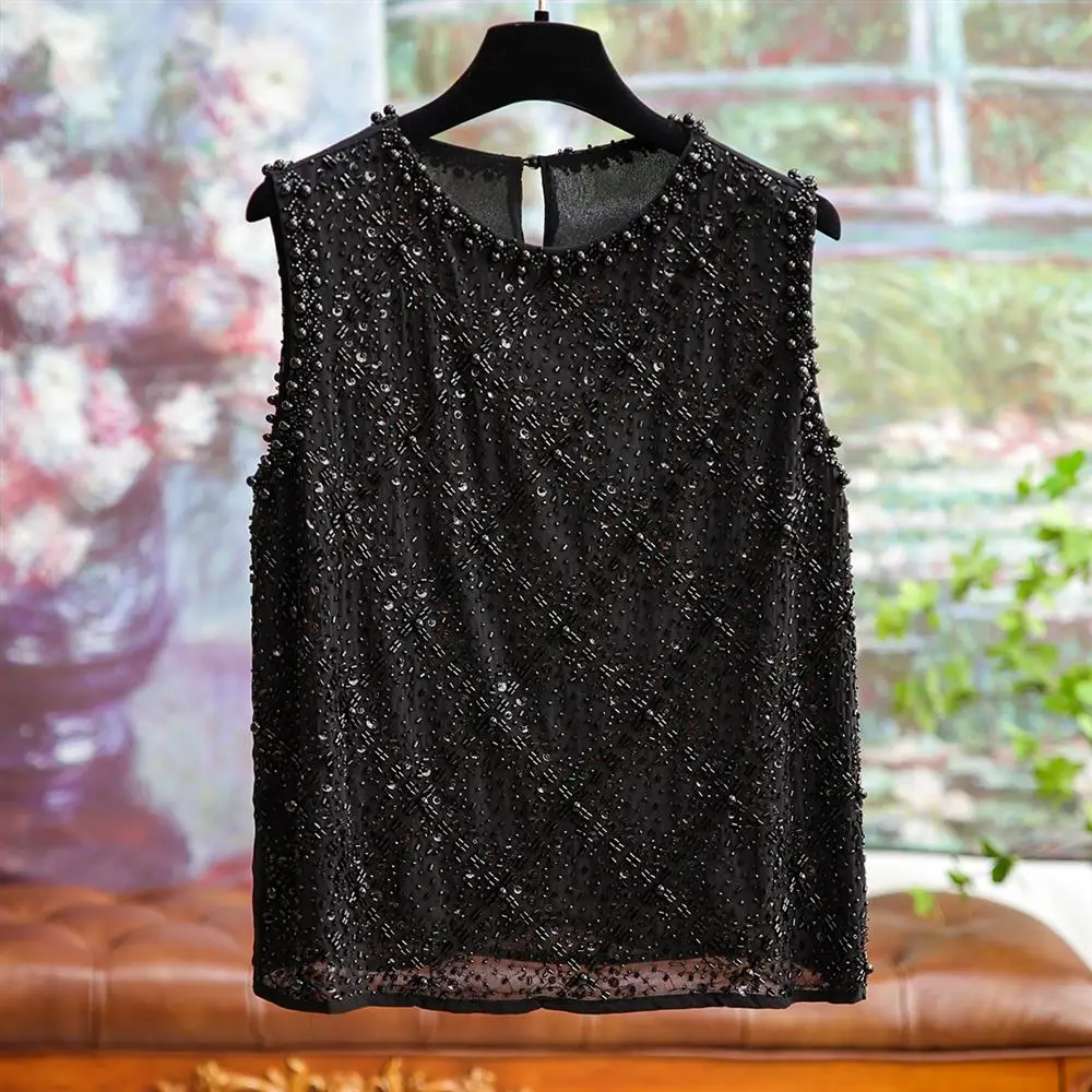 Women Fashion Beading Tank Top Women Sleeveless Chiffon Tops Blusas Top Shirts