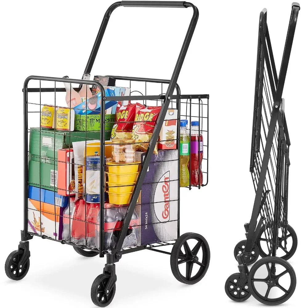 

Cart 110 lbs Rolling Grocery Laundry Cart Utility Trolley with Double Baskets Swivel Wheels Adjustable Handle