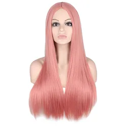 70CM Long Pink Straight Wigs Cosplay Natural Synthetic Women' s Wig  Heat Resistant Hair