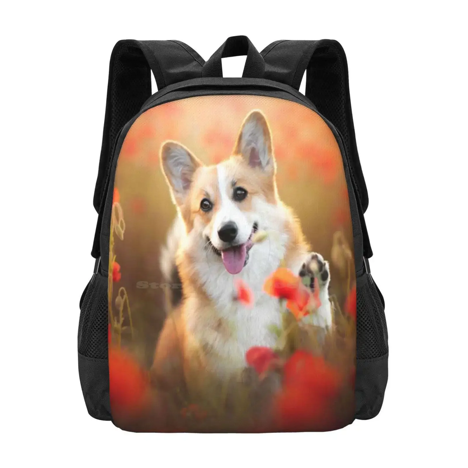 

Corgi In A Poppy Field Hot Sale Schoolbag Backpack Fashion Bags Corgi Cute Red Poppy Flowers Poppies