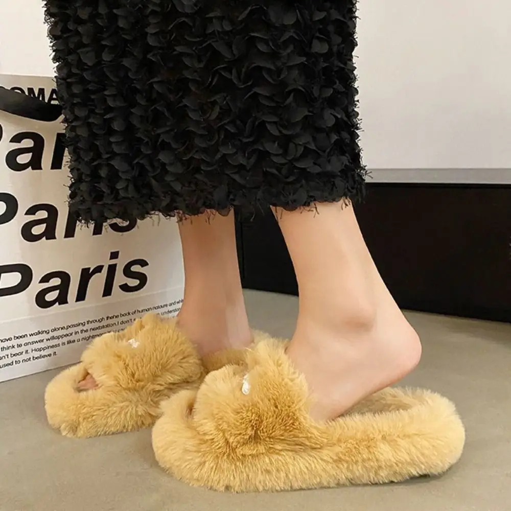 Damen-Pantoffeln mit Kreuzmuster, offener Zehenbereich, weiche, flauschige Textur, Plattform, warme Baumwoll-Pantoffeln, verschleißfeste, rutschfeste Sohlen – Detail 10