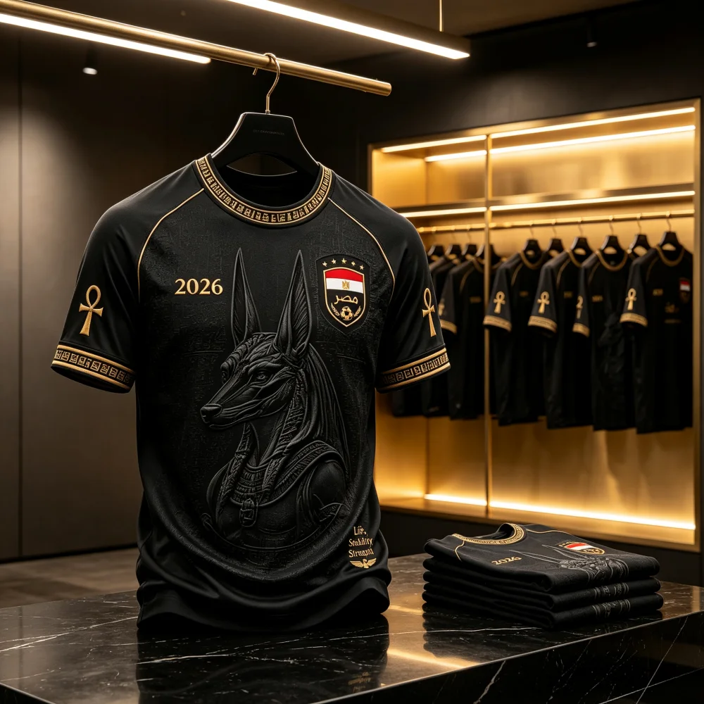 2026 Herren Ägypten Nationalmannschaft Raglan Fußballtrikot mit antikem ägyptischem Relief-Jacquard, schnelltrocknend, atmungsaktiv, Familien- und Kinder-T-Shirts – Detail 1