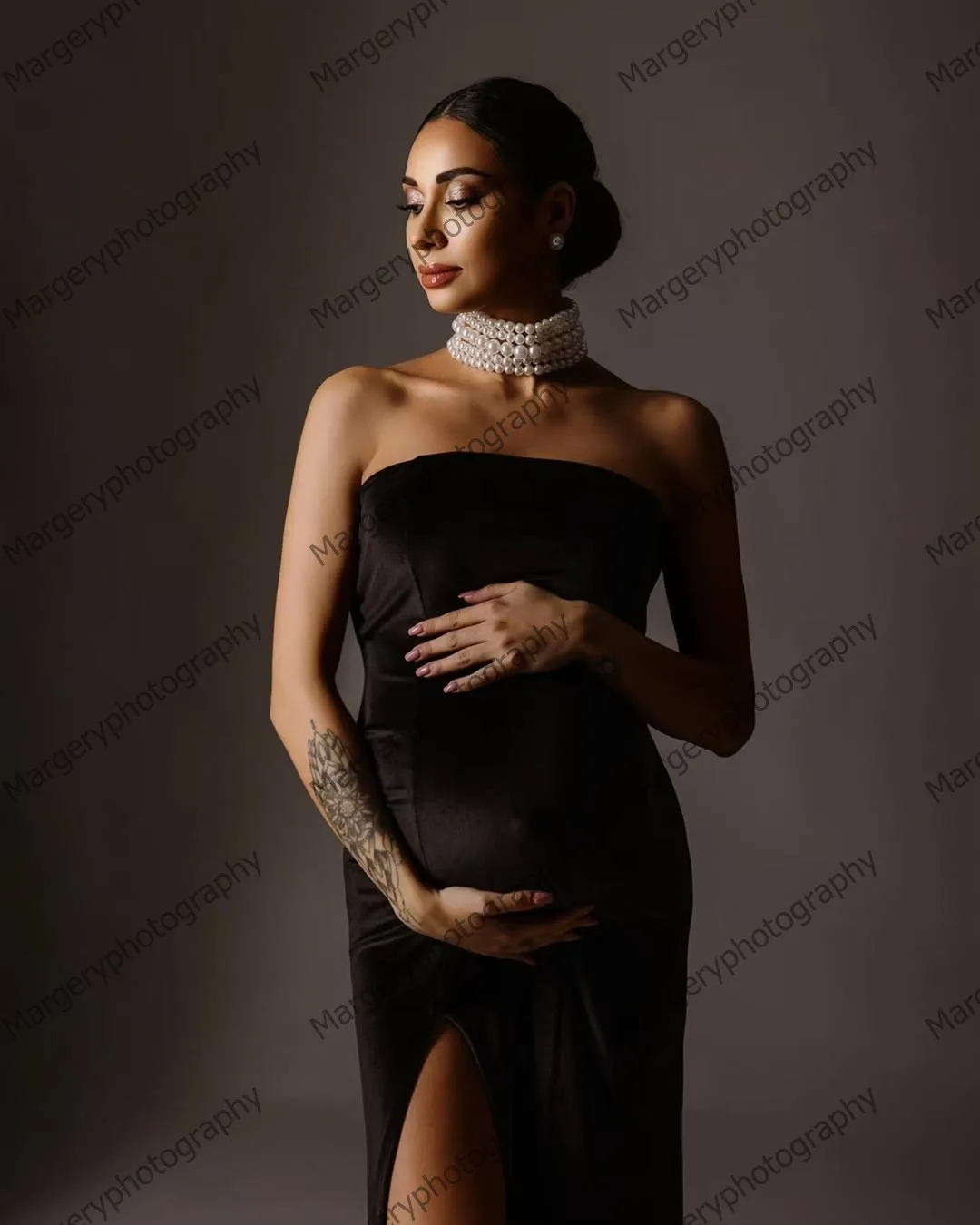 Elegancka długa sukienka ciążowa z odpinanym trenem, nowoczesna sukienka na studniówkę bez ramiączek z wysokim rozcięciem dla kobiet w ciąży, sukienki wizytowe.