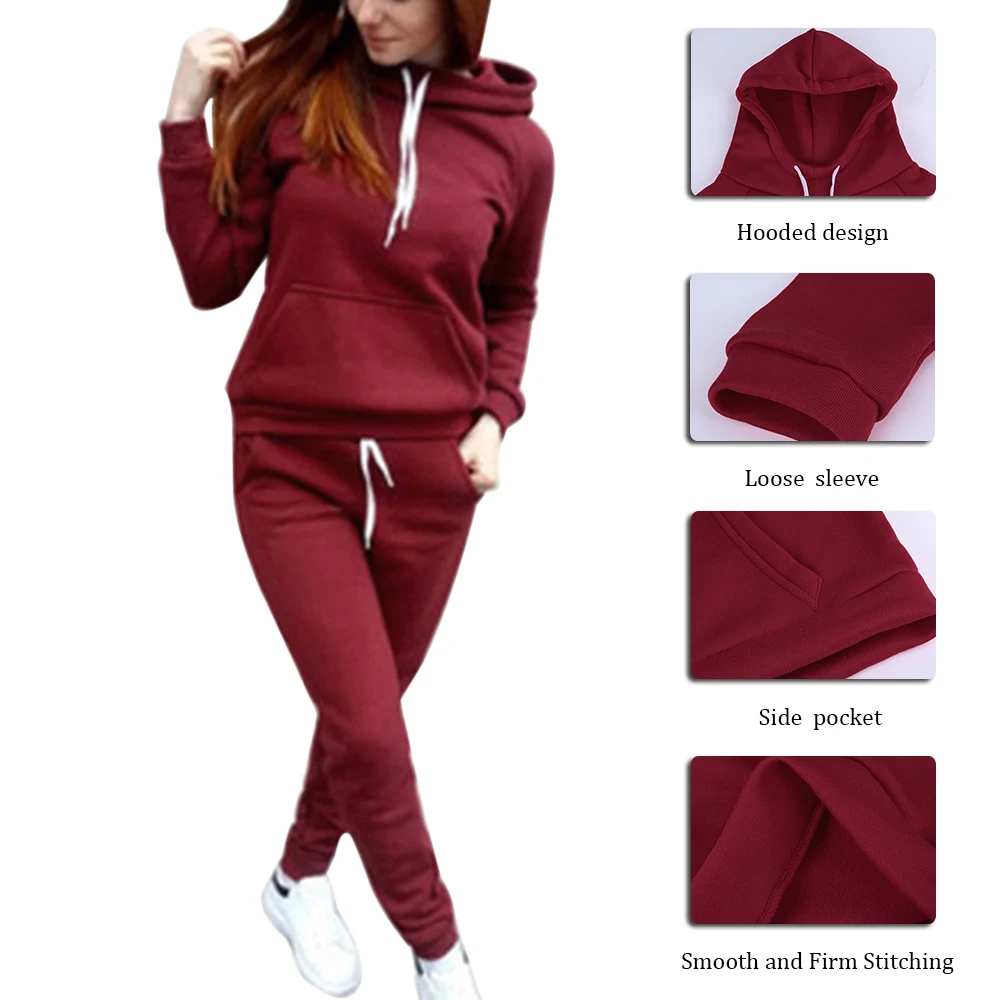 Women Classic Solid Color Tracksuit Autumn/Winter Warm Cotton Hooded Sweatshirt Suits Plus Size Clothing Sets S-4XL