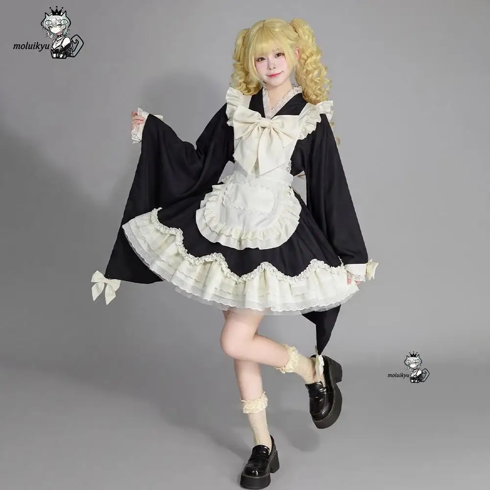 

Black Cute Lolita Long Large Sleeve Maid Kimono Costumes Cosplay Top Skirt Maid Suit Waitress Maid Party Costumes Wide Sleeve