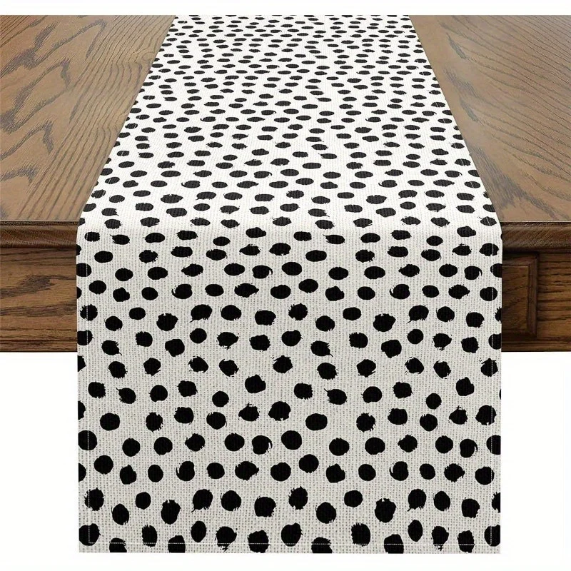 Schwarz-weißer geometrischer Polka-Dot-Tischläufer – Leinen, pflegeleicht, moderne Farmhouse-Esszimmerdekoration