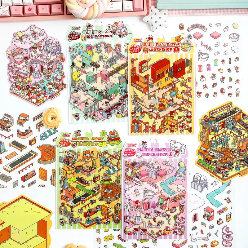 3Pcs 3D Scene Silver Foil PET Stickers Cute Miniature House Decor Stickers for Journal Album DIY Craft Projects