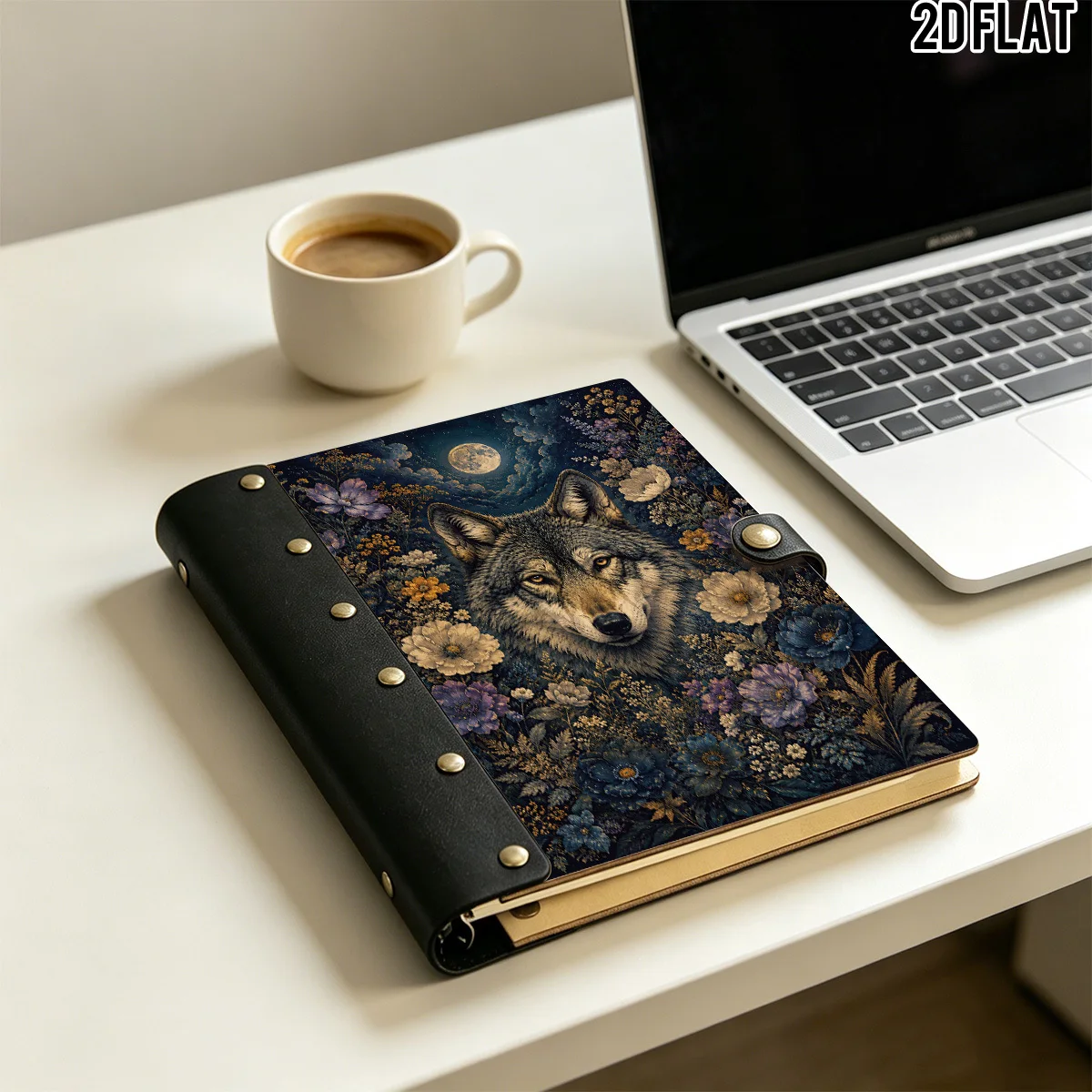 1PC 2D Flat Wooden Notebook, Midnight Moon Wolf Purple Wildflower Vintage Print, Hardcover Riveted Notebook, 100 Pages With Star