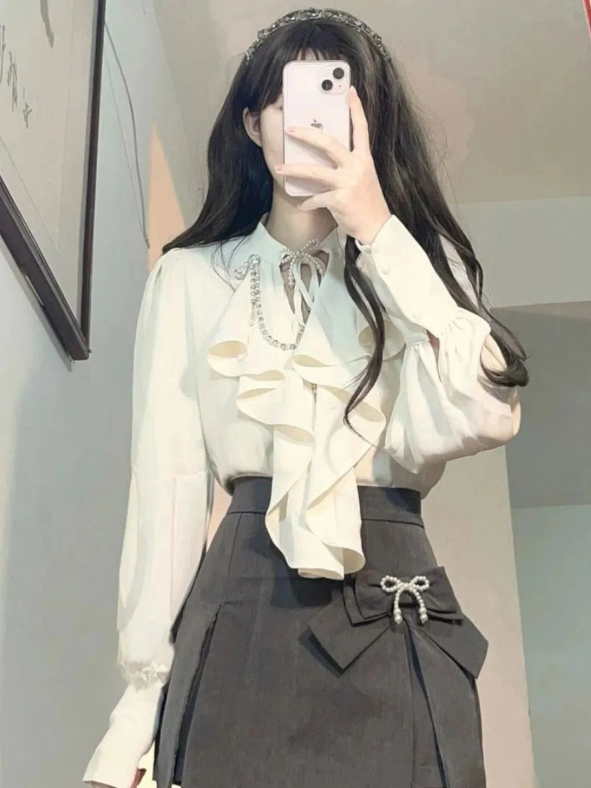 エレ・ロング・スヴェ・イルトとハイウエストスカートのツーピースセット（女性用、春夏、ファッショナブル、レトロ、スレ、ポリエステル、F...）