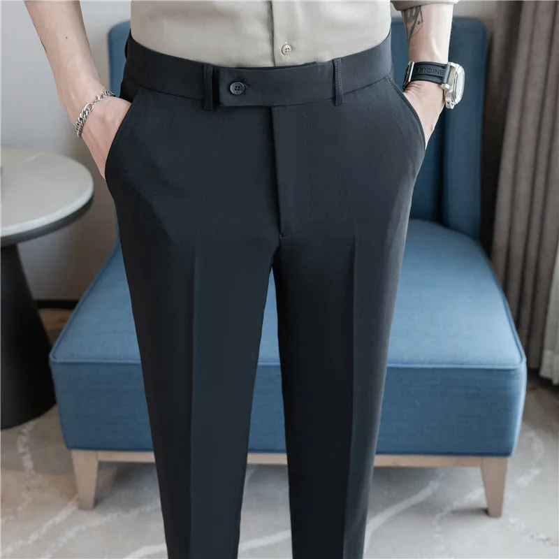 2025 Summer Thin White Elastic Nine Cent Suit Pants for Men,gray Blue Four-side… - Image 6