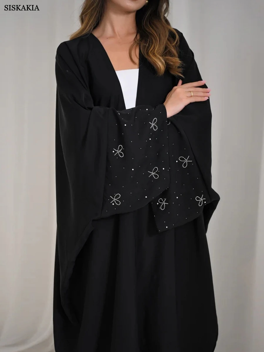 Siskakia Dubai Elegant Dolman Sleeve Open Abaya Loose Beaded Kaftan Muslim Women Clothing 2025